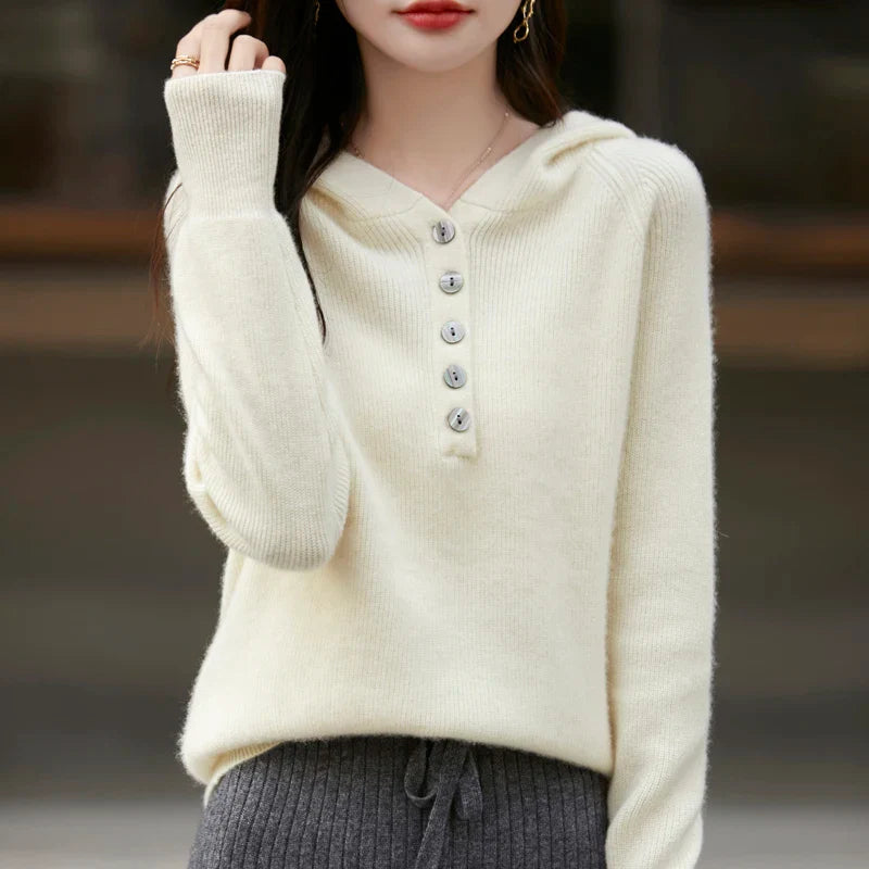 Sienna Buttoned Hooded Sweater | Relaxed Fit Ribbed Cuffs Sweater