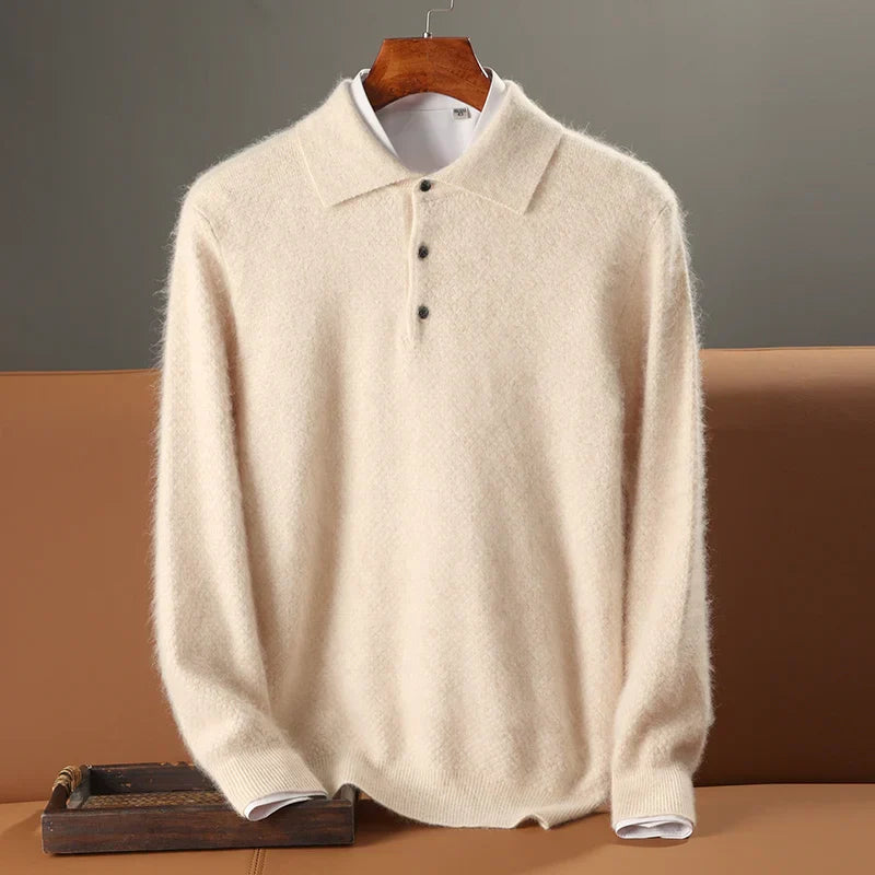 Men’s Polo Sweater – Wool – Relaxed Fit – Long Sleeve – Ribbed Hem & Cuffs