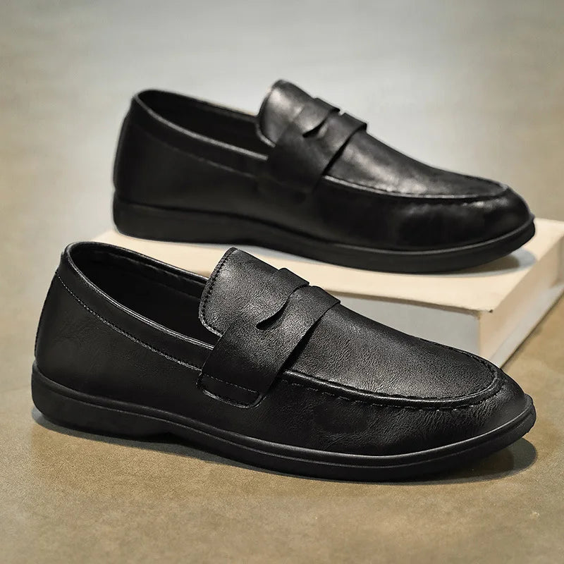 Men’s Slip-On Loafers - Synthetic Leather - Ankle Height - Penny Strap - Moc-Toe Stitching