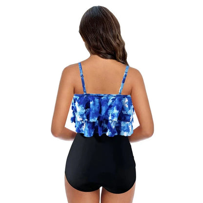 Women’s Bikini Set – Ruffled Top – Ruched High Rise Bottoms – Modest Fit – Breathable Blend