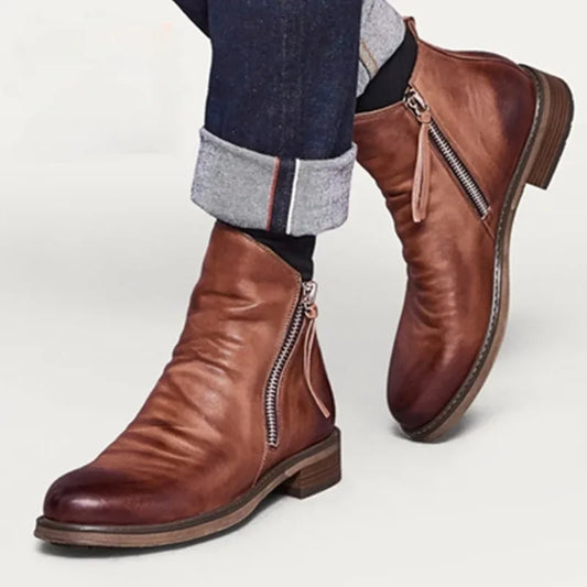 Men’s Chelsea Boots – Leather Look – Slim Fit – Ankle Height – Side Zipper – Low Heel