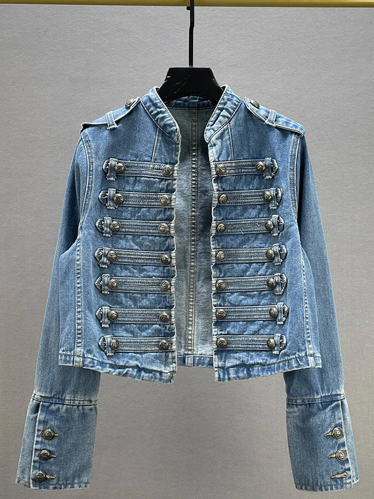 Women’s Denim Jacket – Cropped Fit – Military Style – Double-Breasted Buttons