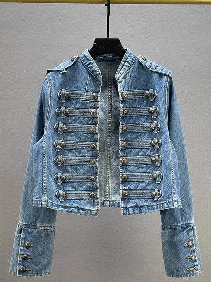 Women’s Denim Jacket – Cropped Fit – Military Style – Double-Breasted Buttons