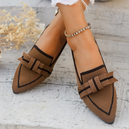 Women’s Slip-On - Pointed Toe Loafers - Knitted Fabric - Flat Sole - Decorative Bow