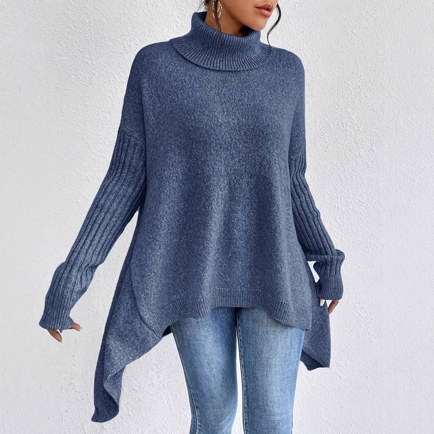 Isla Oversized Turtleneck Sweater | Tunic Length Solid Wool Sweater