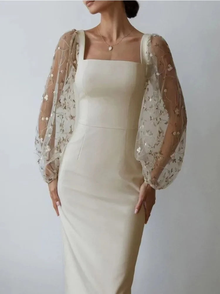 Women’s Midi Dress – Slim Fit – Embroidered Sheer Sleeves – Square Neck – Formal Wear