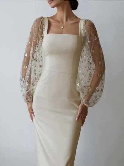 Women’s Midi Dress – Slim Fit – Embroidered Sheer Sleeves – Square Neck – Formal Wear
