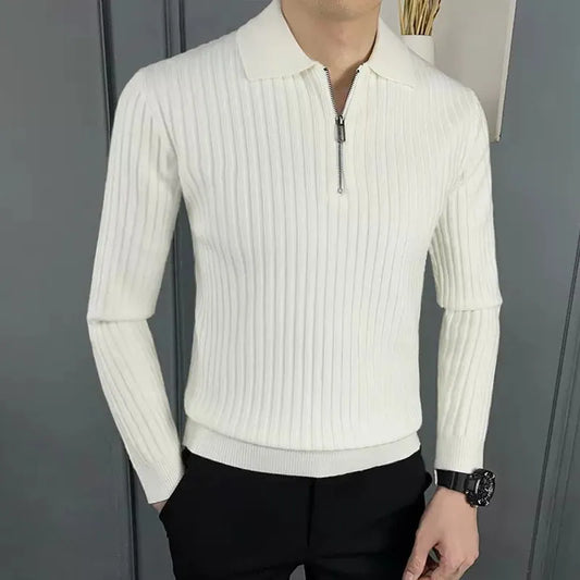Men’s Pullover Sweater – Wool – Regular Fit – Half Zip – Ribbed – Polo Collar