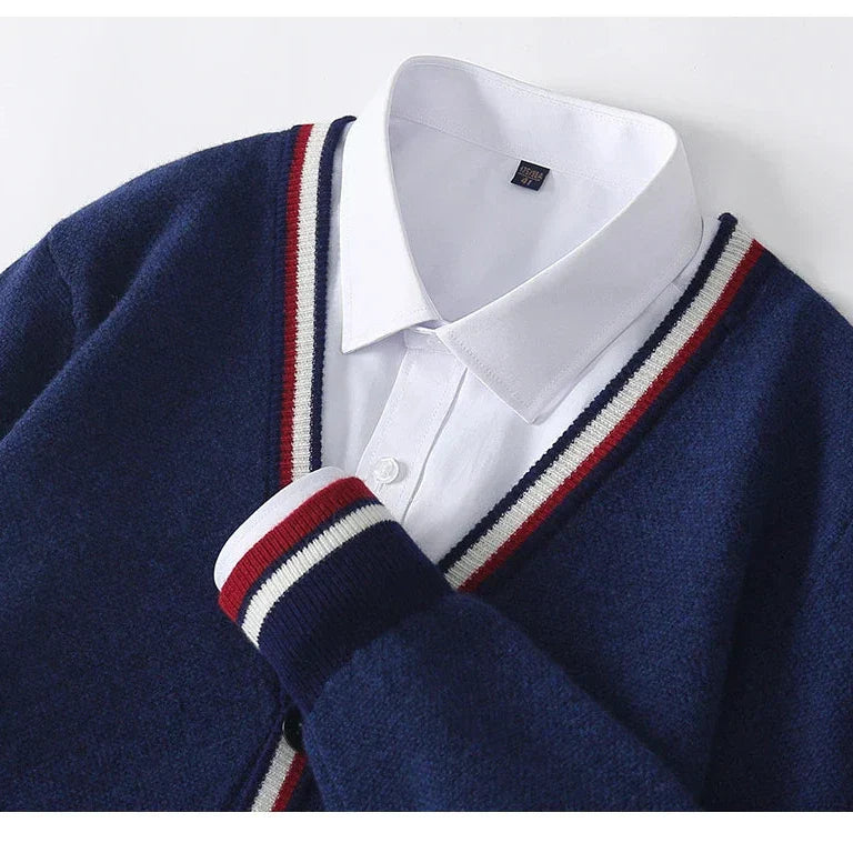 Men’s Cardigan – Knit Wool Blend – Relaxed Fit – V-Neck – Button-Up – Tri-Colour Trim