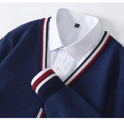 Men’s Cardigan – Knit Wool Blend – Relaxed Fit – V-Neck – Button-Up – Tri-Colour Trim