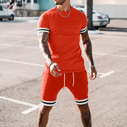 Men’s Athletic Set – Slim Fit – Breathable Stretch Fabric – Short Sleeve & Drawstring Shorts