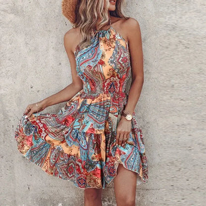Women’s Mini Dress – Relaxed Fit – Halter Neck – Smocked Waist – Bohemian Print – Breathable Fabric