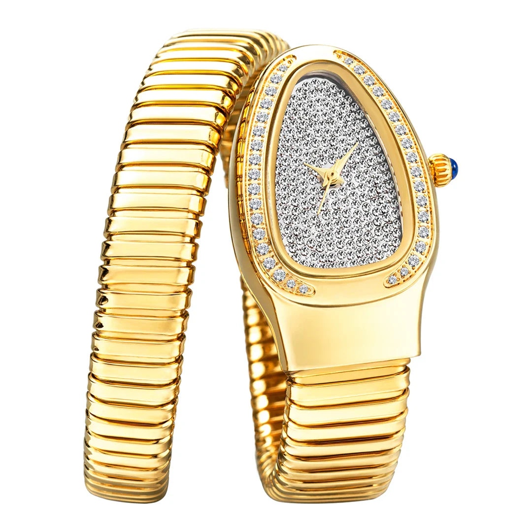 Lily Oval Pave Bracelet Wrist Watch | Stone Embellished Bezel Snake Coil Band Wrist Watch