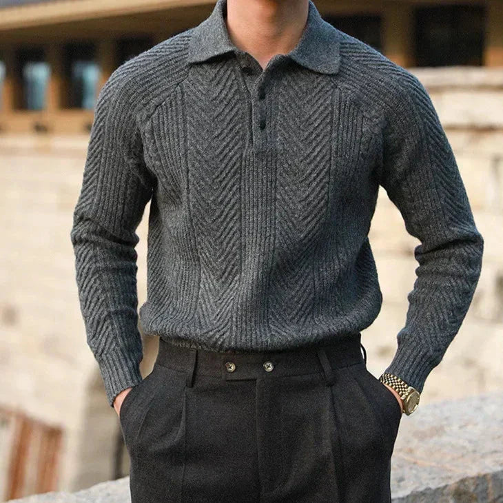 Men’s Knitted Sweater – Slim Fit – Cable Knit – Polo Collar – Long Sleeve Wool Blend