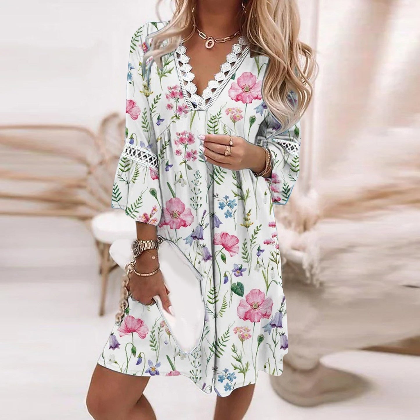 Women’s Knee-Length Dress – Relaxed Fit – V-Neck Lace Trim – Floral Print – Breathable Blend