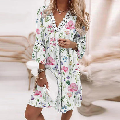 Women’s Knee-Length Dress – Relaxed Fit – V-Neck Lace Trim – Floral Print – Breathable Blend