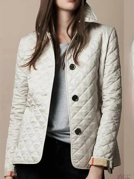 Women’s Quilted Jacket – Diamond Pattern – High Collar – Button Closure – Tailored Fit