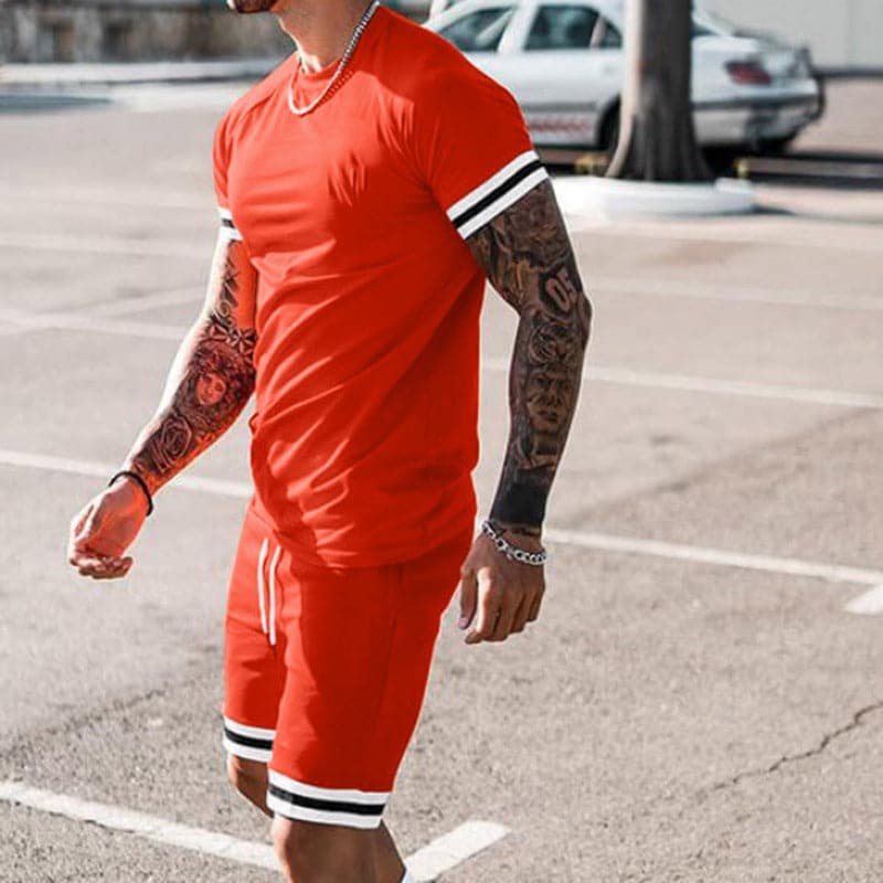 Men’s Athletic Set – Slim Fit – Breathable Stretch Fabric – Short Sleeve & Drawstring Shorts