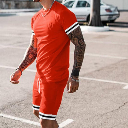 Men’s Athletic Set – Slim Fit – Breathable Stretch Fabric – Short Sleeve & Drawstring Shorts