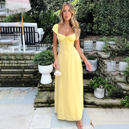 Women's Maxi Dress - Sweetheart Neckline - Puff Sleeve - Elegant Flowing Fit