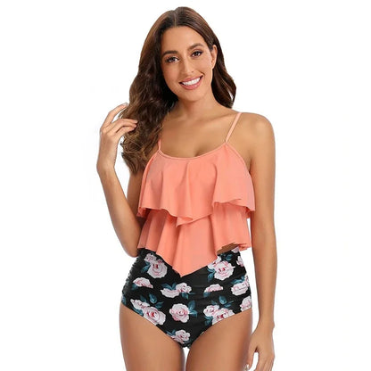 Women’s Bikini Set – Ruffled Top – Ruched High Rise Bottoms – Modest Fit – Breathable Blend