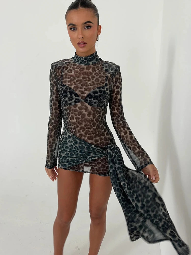 Women's Mini Dress - Sheer Print - High Neck - Long Sleeve - Wrap Style Elegant Fit