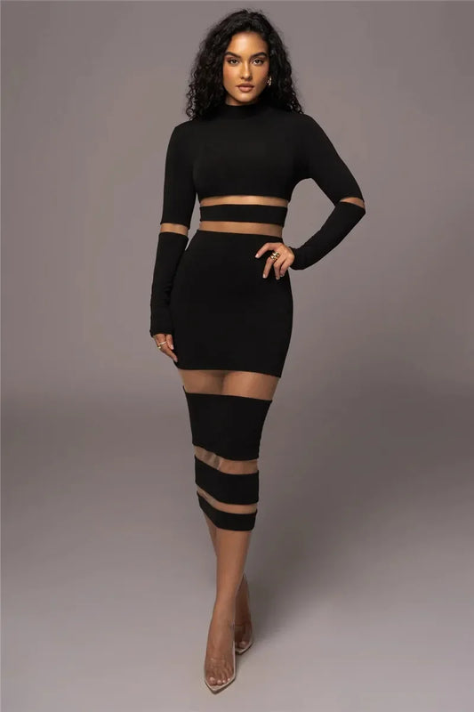 Women’s Midi Dress – Bodycon Fit – Long Sleeve – High Neck – Sheer Cut-Out Detail