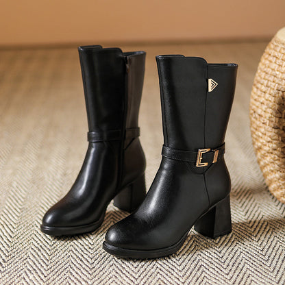 Isla Buckle Mid-Calf Boots | Side Zipper Block Heel Boots