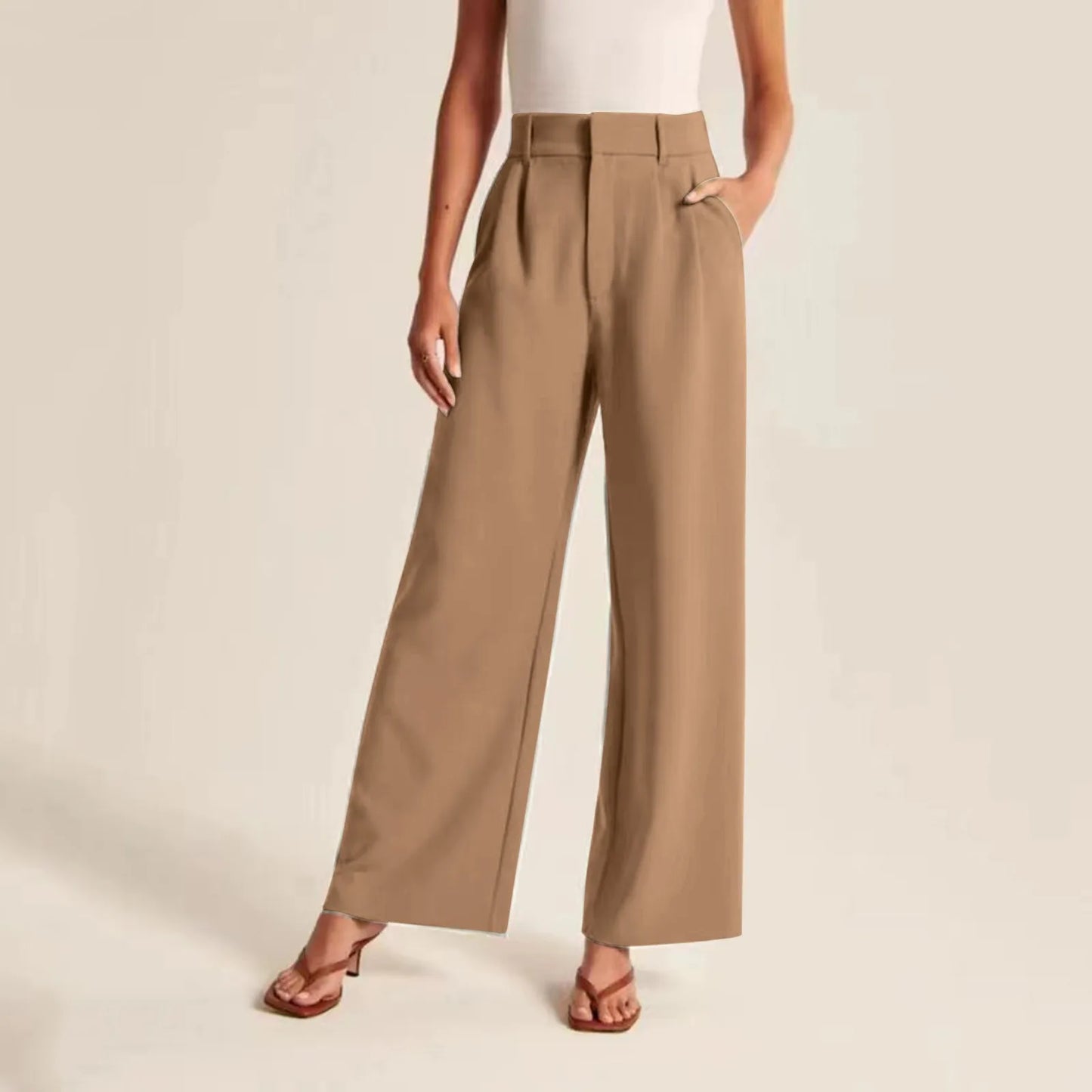 Women’s Wide Leg Pants – High Waisted – Linen Feel – Full Length Pleated Fit