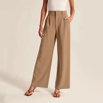 Women’s Wide Leg Pants – High Waisted – Linen Feel – Full Length Pleated Fit