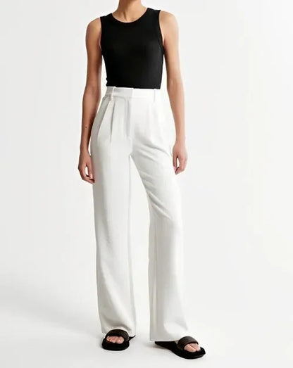 Women’s Wide-Leg Trousers – High Waist – Wool Blend – Pleated Front – Full Length