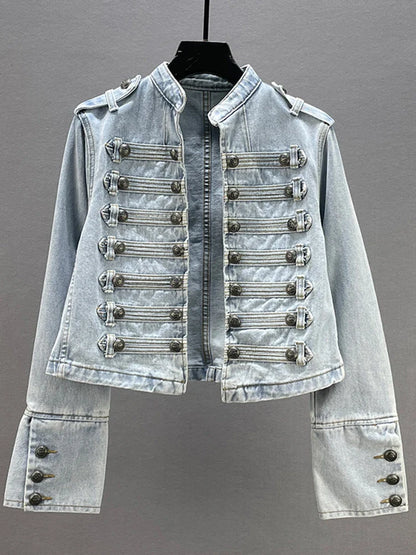 Women’s Denim Jacket – Cropped Fit – Military Style – Double-Breasted Buttons
