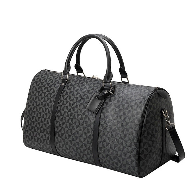 Men’s Travel Bag – Cylindrical Shape – Leather Straps – Geometric Pattern