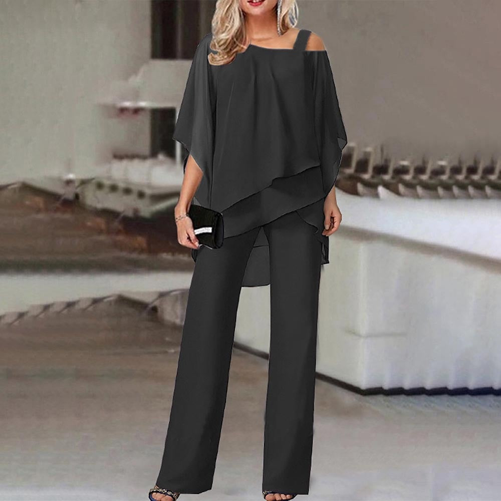 Women’s Two-Piece Set - Chiffon - Cold Shoulder - Tiered Layering