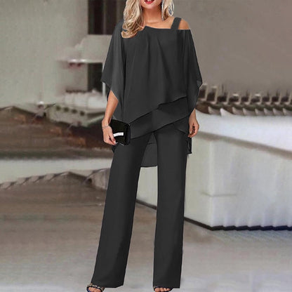 Women’s Two-Piece Set - Chiffon - Cold Shoulder - Tiered Layering