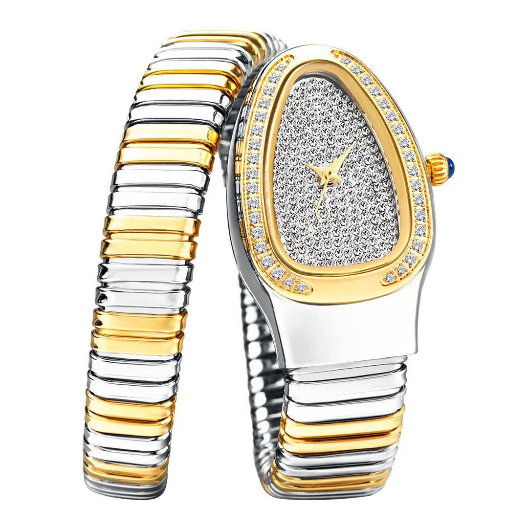 Lily Oval Pave Bracelet Wrist Watch | Stone Embellished Bezel Snake Coil Band Wrist Watch