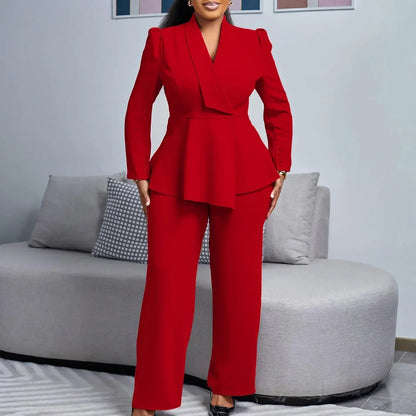 Isla Peplum Blazer Wide Leg Trousers Two-Piece Set | Tailored Fit Solid Suit Set