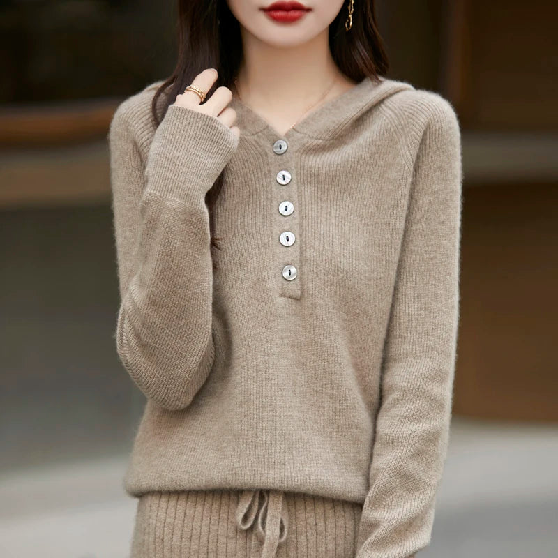 Sienna Buttoned Hooded Sweater | Relaxed Fit Ribbed Cuffs Sweater