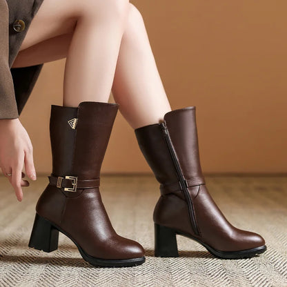 Isla Buckle Mid-Calf Boots | Side Zipper Block Heel Boots