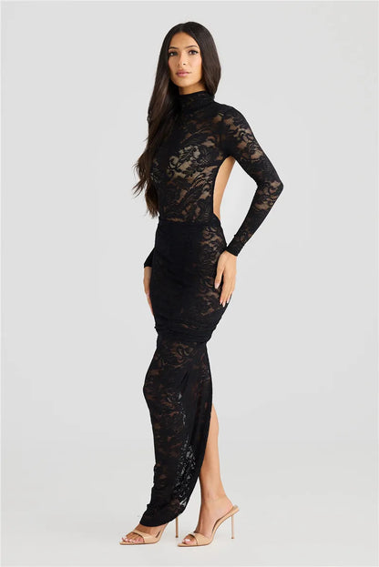 Women’s Slip Dress – Lace Bodycon Fit – Long Sleeve – High Neck – Thigh Slit