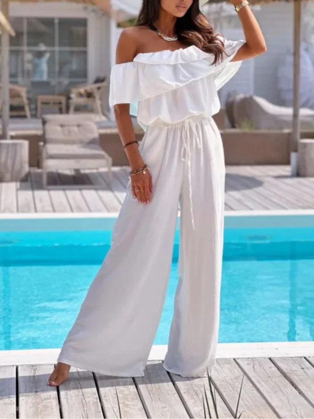 Women’s Jumpsuit – Off Shoulder – Ruffle Neckline – Wide Leg – Breathable Blend