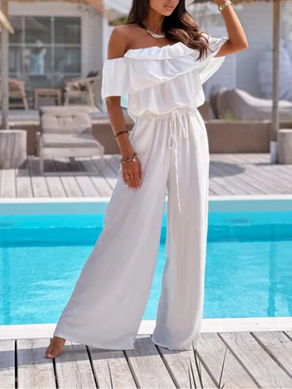 Women’s Jumpsuit – Off Shoulder – Ruffle Neckline – Wide Leg – Breathable Blend