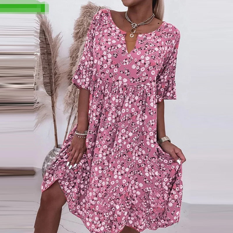 Women’s A-Line Dress – Cotton – Floral Print – O-Neck – Elbow Sleeve – Midi Length