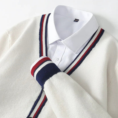Men’s Cardigan – Knit Wool Blend – Relaxed Fit – V-Neck – Button-Up – Tri-Colour Trim