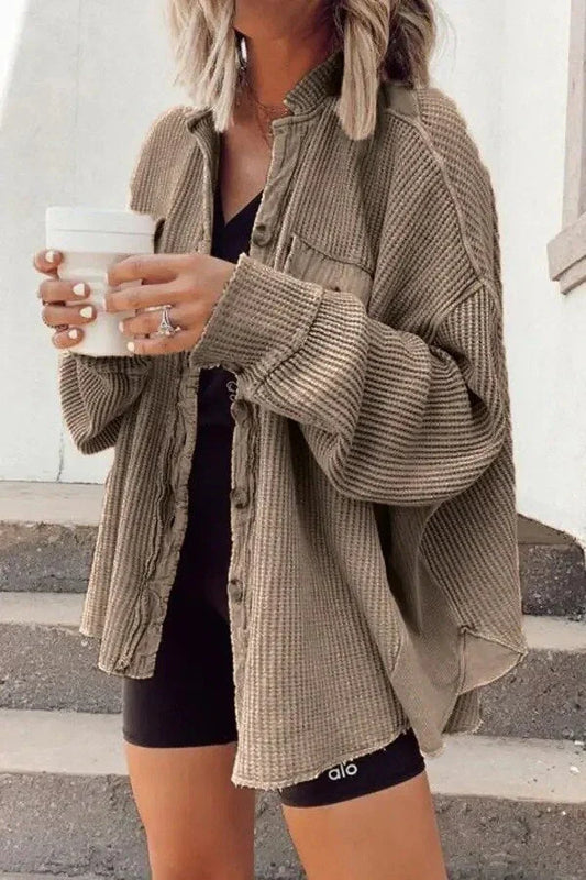 Women’s Shirt Jacket – Oversized Fit – Waffle Knit – Button Front – Raw Edge Detailing