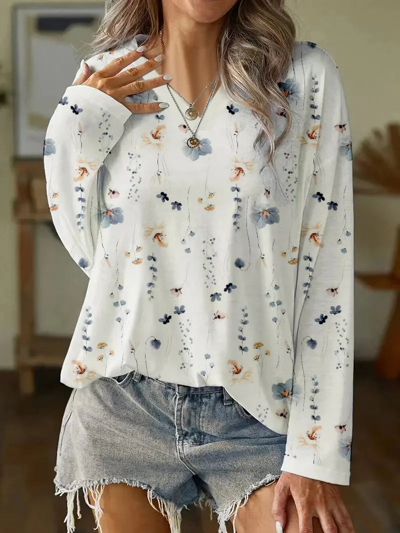 Women’s Blouse – Relaxed Fit – V-Neck – Long Sleeve – Floral Print – Breathable Blend