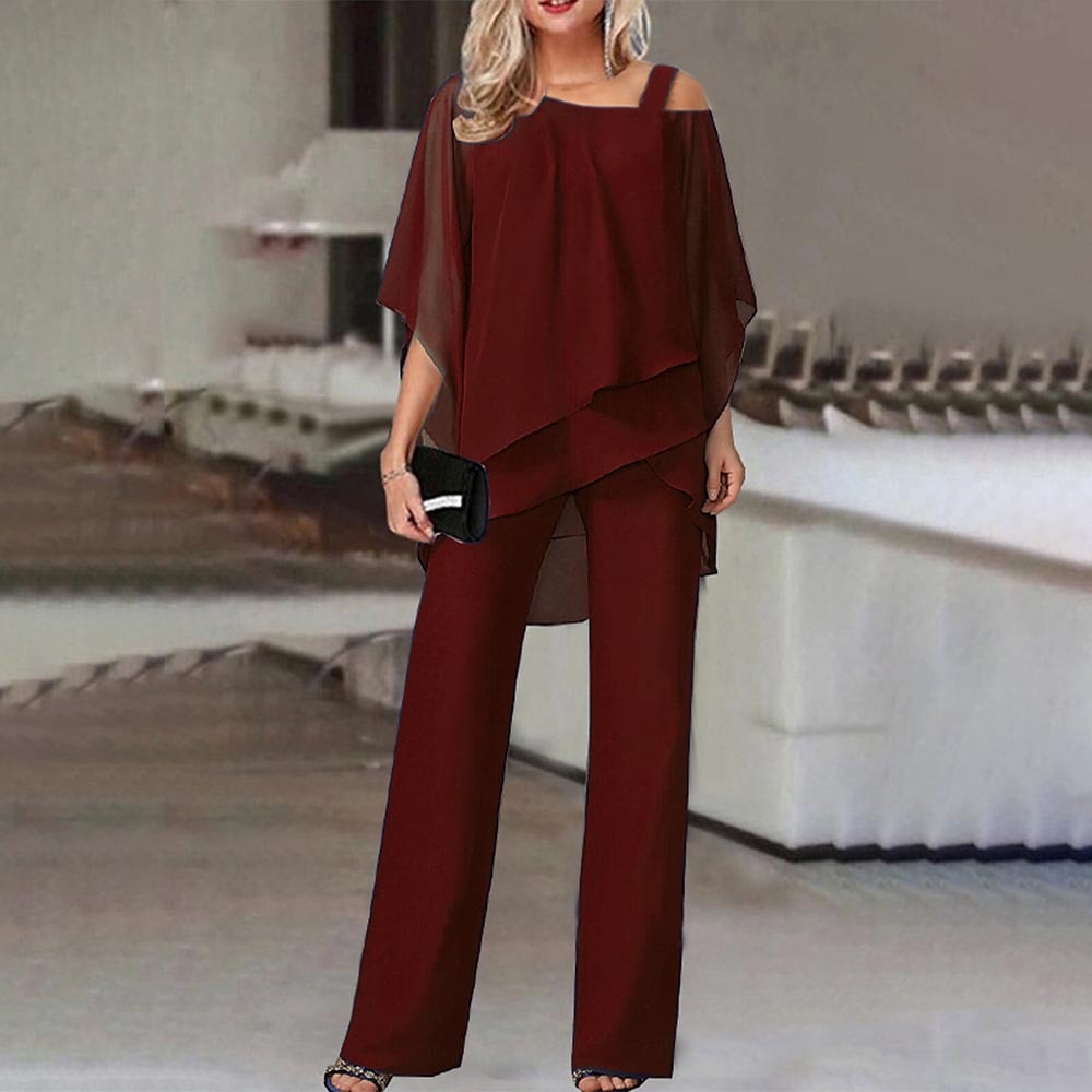 Women’s Two-Piece Set - Chiffon - Cold Shoulder - Tiered Layering