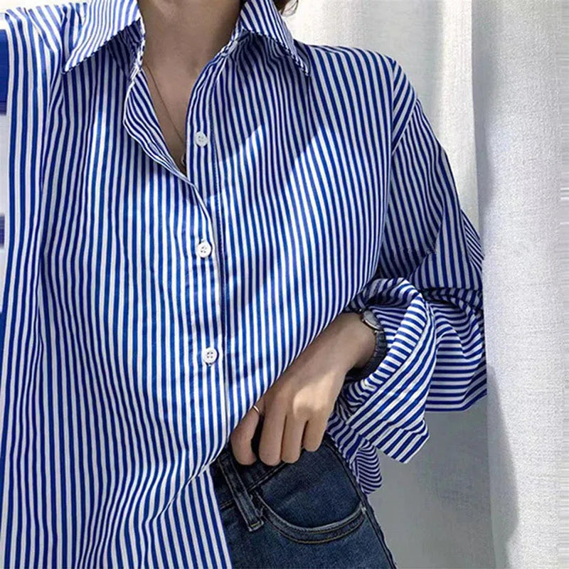 Women’s Blouse – Oversized Fit – Vertical Stripes – Button-Up – Cotton