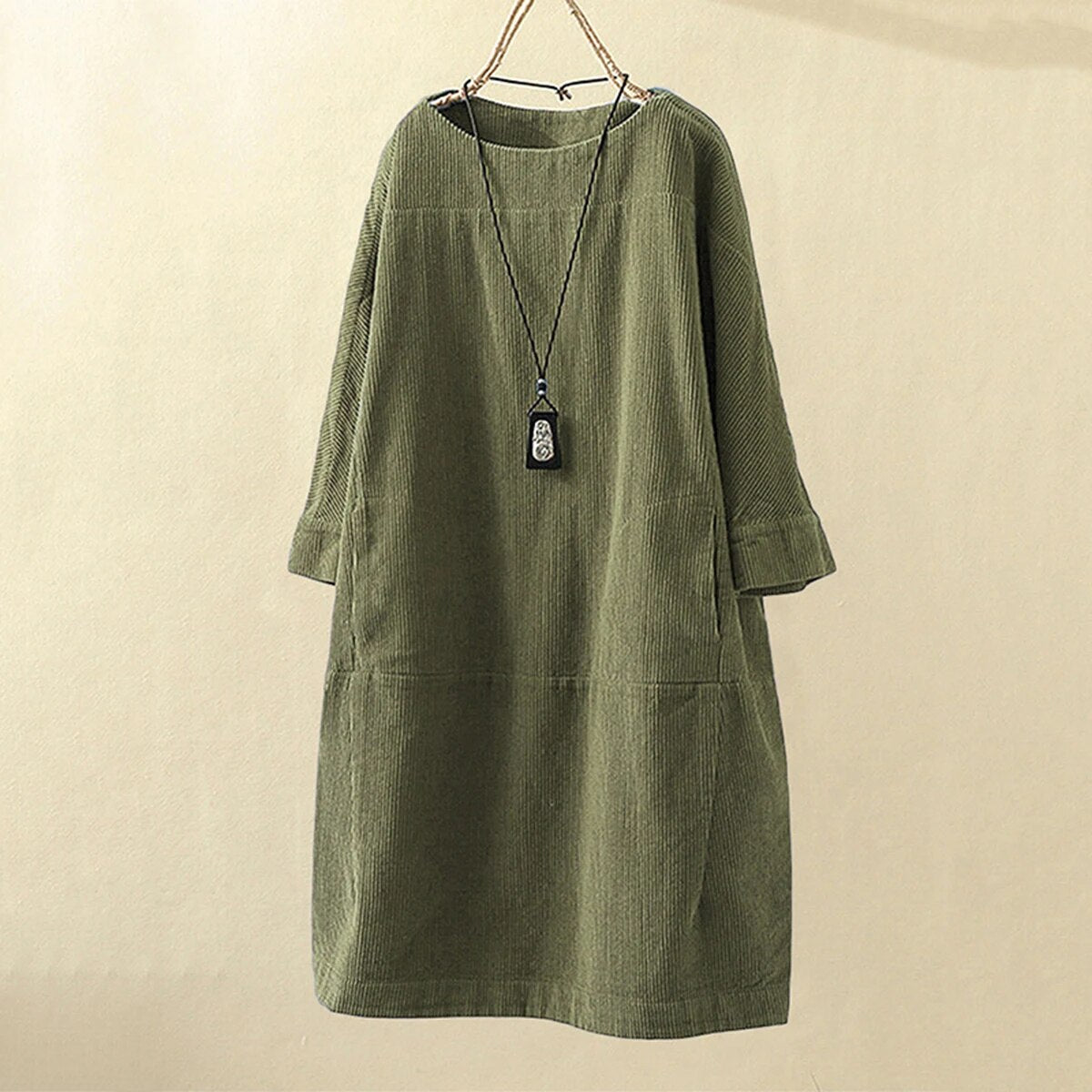 Women's Corduroy Dress - Relaxed Fit - Long Sleeve - Soft Textured Casual Wear