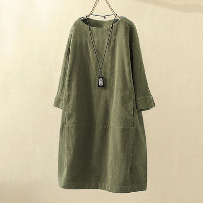 Women's Corduroy Dress - Relaxed Fit - Long Sleeve - Soft Textured Casual Wear